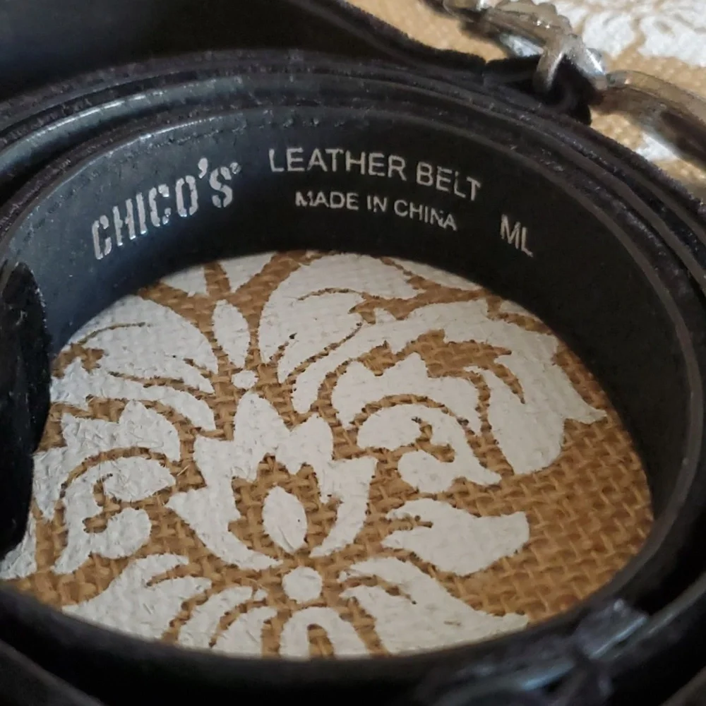 Chico's Adjustable Black Leather Belt with Rhinestone Buckle